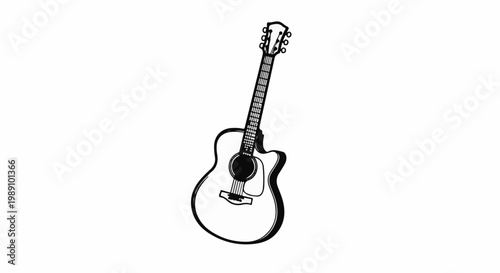 Black and white drawing of an acoustic guitar on a white background
