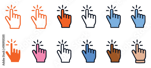 Hand gesture icons for tap, swipe, and touchscreen interaction, modern flat icon collection representing touch commands