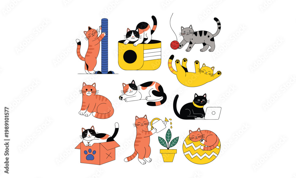 Obraz premium Collection of cute cats in various activities like playing, sleeping, and working at home.
