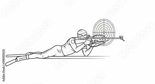 Athlete lies prone, aiming rifle at circular target, wearing head wrap and uniform