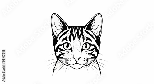 Black and white graphic of a tabby cat's face with wide eyes and prominent whiskers