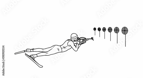 Athlete prone on skis aims rifle at a line of targets