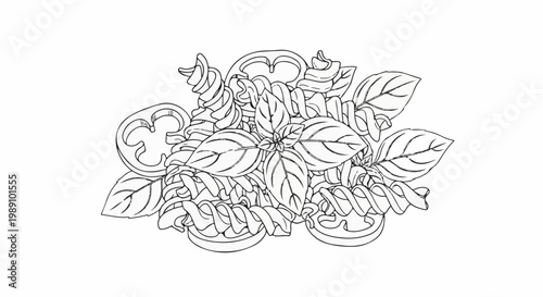 Black and white line art of spiral pasta with basil leaves and pepper slices