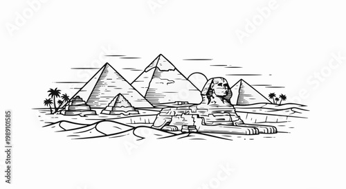 Black and white line art of Egyptian pyramids and sphinx in desert landscape