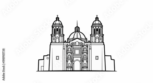Black and white line drawing of a grand edifice with domes and towers