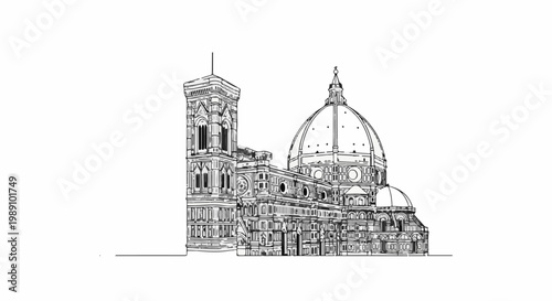 Black and white line drawing of a grand cathedral with a tall bell tower and dome