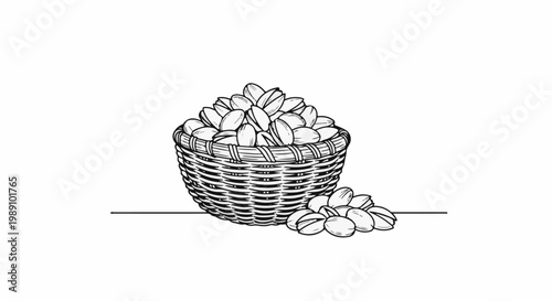 Black and white illustration of a woven basket overflowing with pistachios