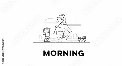 Athletic woman in kitchen prepares healthy drink with blender and fruits