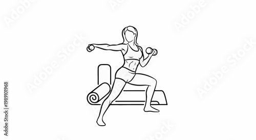 Athletic woman performing lunges with dumbbells in front of gym equipment