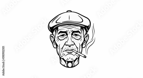 Black and white illustration of an old man in a cap smoking