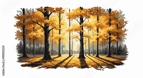 Autumn forest scene with sunlight filtering through golden leaves