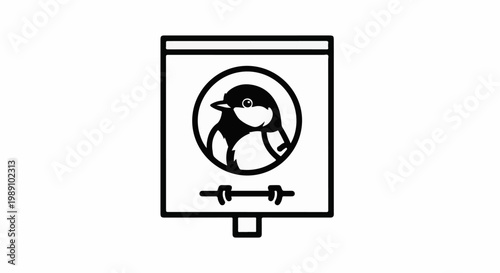 Black and white illustration of a bird in a circular frame on a sign