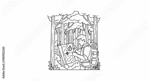 Backpacker studying map and compass in dense forest