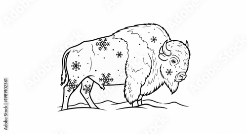 Black and white illustration of a bison covered in snowflakes