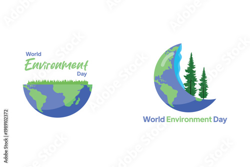 Half Earth With Growing Tree. World Environment day Concept Icon. Vector Icon graphic illustration