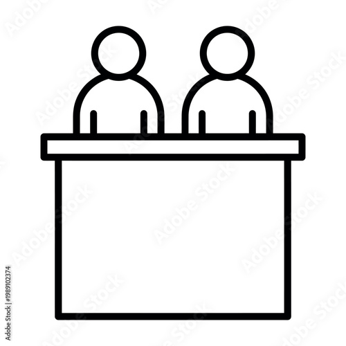 Minimalist line icon of two people standing behind a reception desk or information counter for customer service and registration concepts.