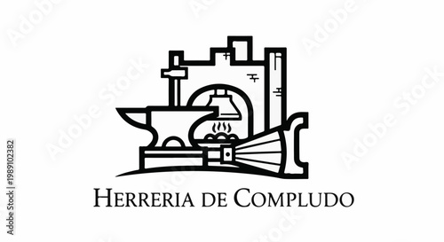 Black and white illustration of a blacksmith's forge with anvil, hammer, and bellows