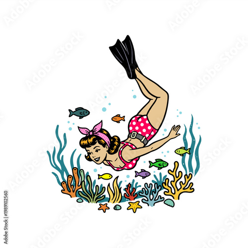 simple illustration of pinup swimming diving ocean