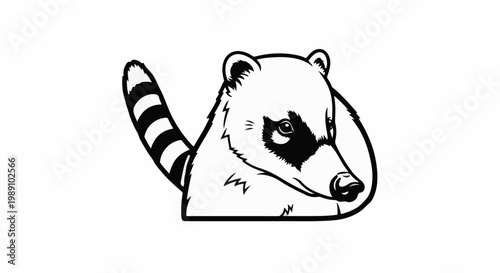 Black and white illustration of a coati with masked face and ringed tail