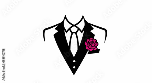 Black tuxedo with white tie and a pink rose boutonniere on the lapel