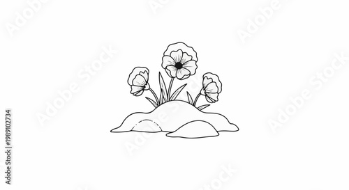 Black and white illustration of three poppy flowers growing from a mound