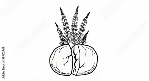 Blooming plant emerges from a cracked, round object, linework