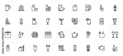 Beverage icon set. Drink vector collection. Includes thermos, green tea, milk, energy drink, coffee, cocktail, wine, juice and more. Editable stroke.