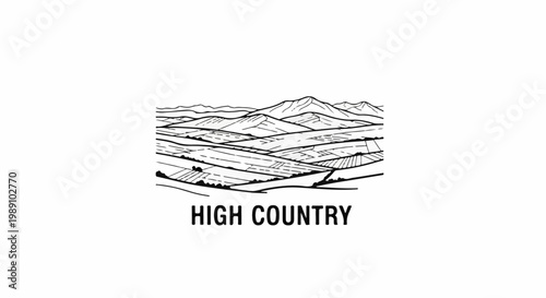 Black and white illustration of tiered agricultural fields and mountains