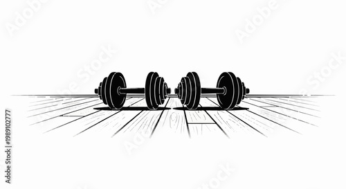 Black and white illustration of two dumbbells on a wooden floor