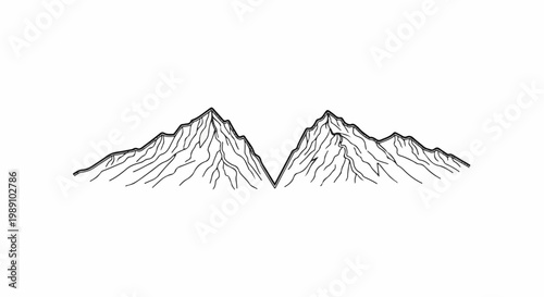 Black and white illustration of two jagged mountain peaks facing each other