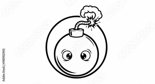 Cartoon bomb with glowing eyes and sparking fuse in a circle