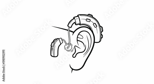 Black and white line art illustration of a hearing aid fitted to a human ear