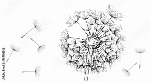Black and white ink sketch of a dandelion releasing seeds into the air