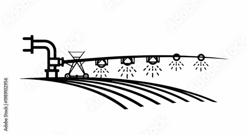 Black and white line art of a center pivot irrigation system watering crops