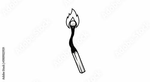 Black and white line art of a burning matchstick with a sad face