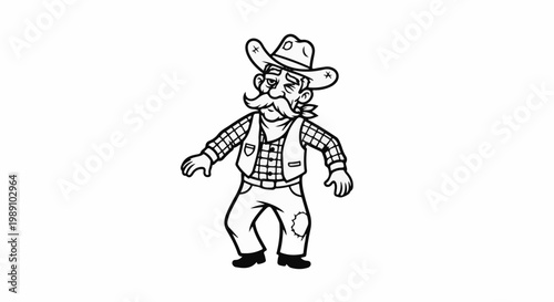 Cartoon cowboy with big mustache, cowboy hat, and bandana