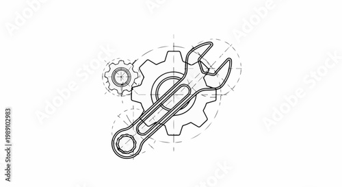 Blueprint of gears and a wrench, illustrating engineering and mechanical concepts