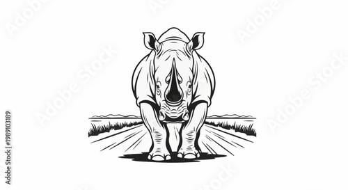 Bold rhino illustration on a grassy plain, facing viewer