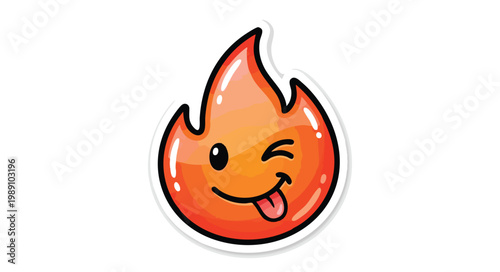 Playful cartoon flame emoji with a winking face and tongue out