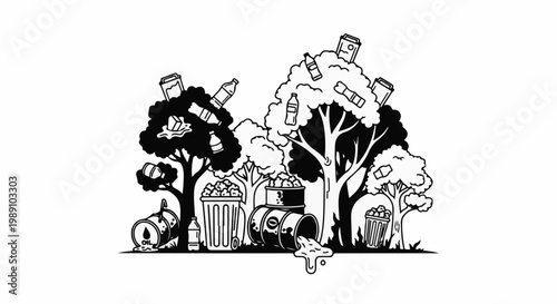 Cartoon trees with litter and barrels overflowing with waste and liquid