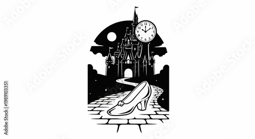 Castle, clock, shoe, and pathway at midnight
