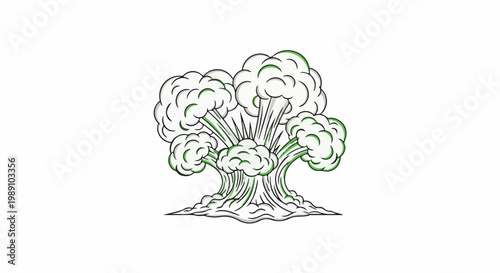 Cartoon-style explosion with green outlined white smoke clouds expanding outward