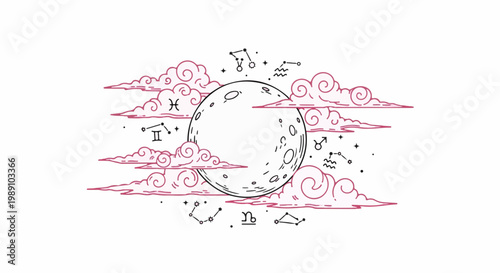 Celestial moon with astrological symbols and pink clouds