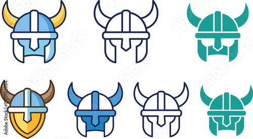 Viking Helmet Icon Set with Horned Warrior Helmets in Flat and Outline Styles for Norse Mythology, Medieval Symbols and Gaming Vector Illustration Collection