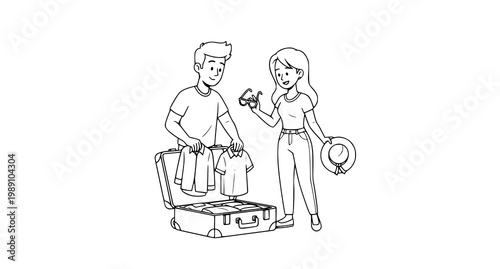 Man and woman packing suitcase for weekend travel cartoon vector black and white illustration