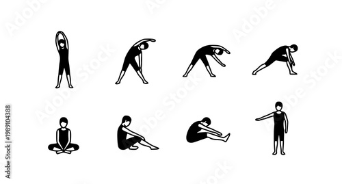 Six stretching exercise icons vector set black and white fitness workout poses minimal design isolated on white