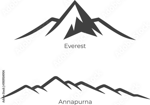Everest and Annapurna mountain icon set vector, minimal alpine peaks collection, clean line symbols