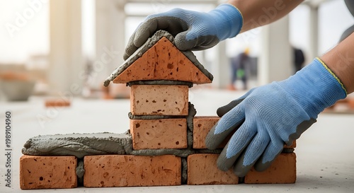 Construction Worker Hands Building Brick Wall with Small Triangular Roof