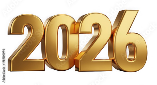 Gold metallic 2026 text isolated on transparent background