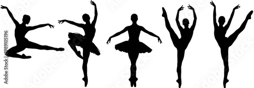 Collection of black ballerina silhouettes performing various ballet poses isolated on white background, graceful female dancers vector set for design.